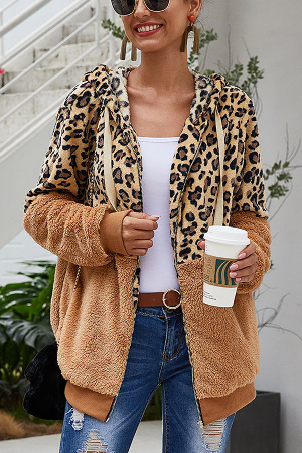 Leopard Patchwork Hooded Plush Coat