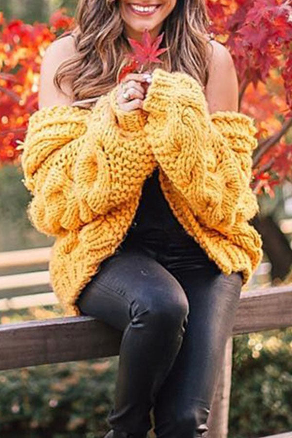 Solid Color Knitted Cardigan Hooded Jacket