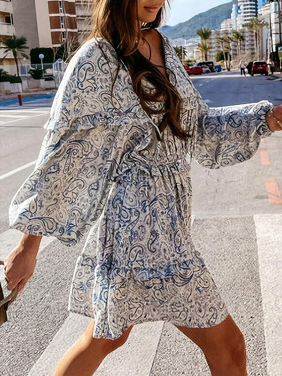 Pleated Lantern Long Sleeve Printed Dress
