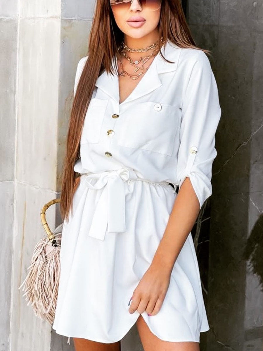 Solid Lapel Neck Bidded Shift Mini Dress