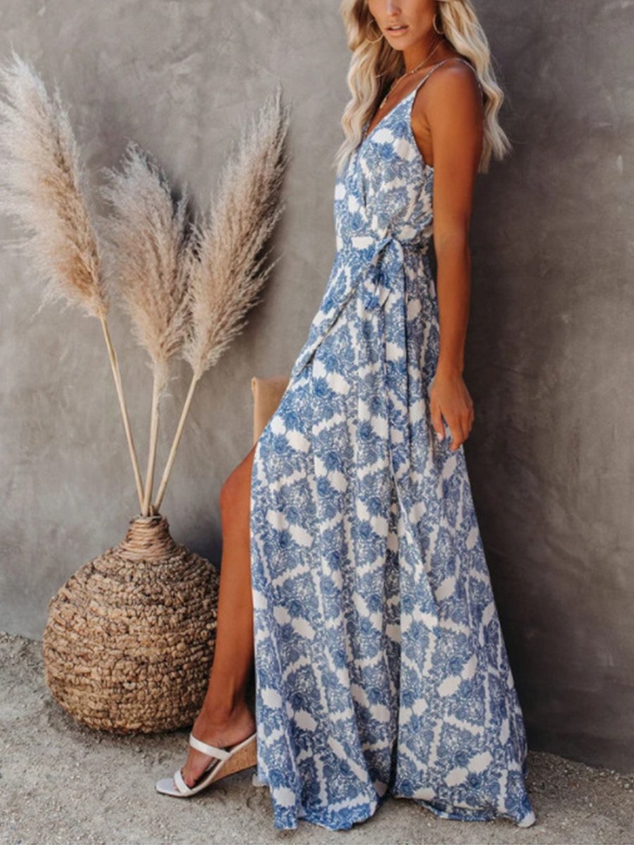 Sweet V Neck Slit Print Suspender Maxi Dress