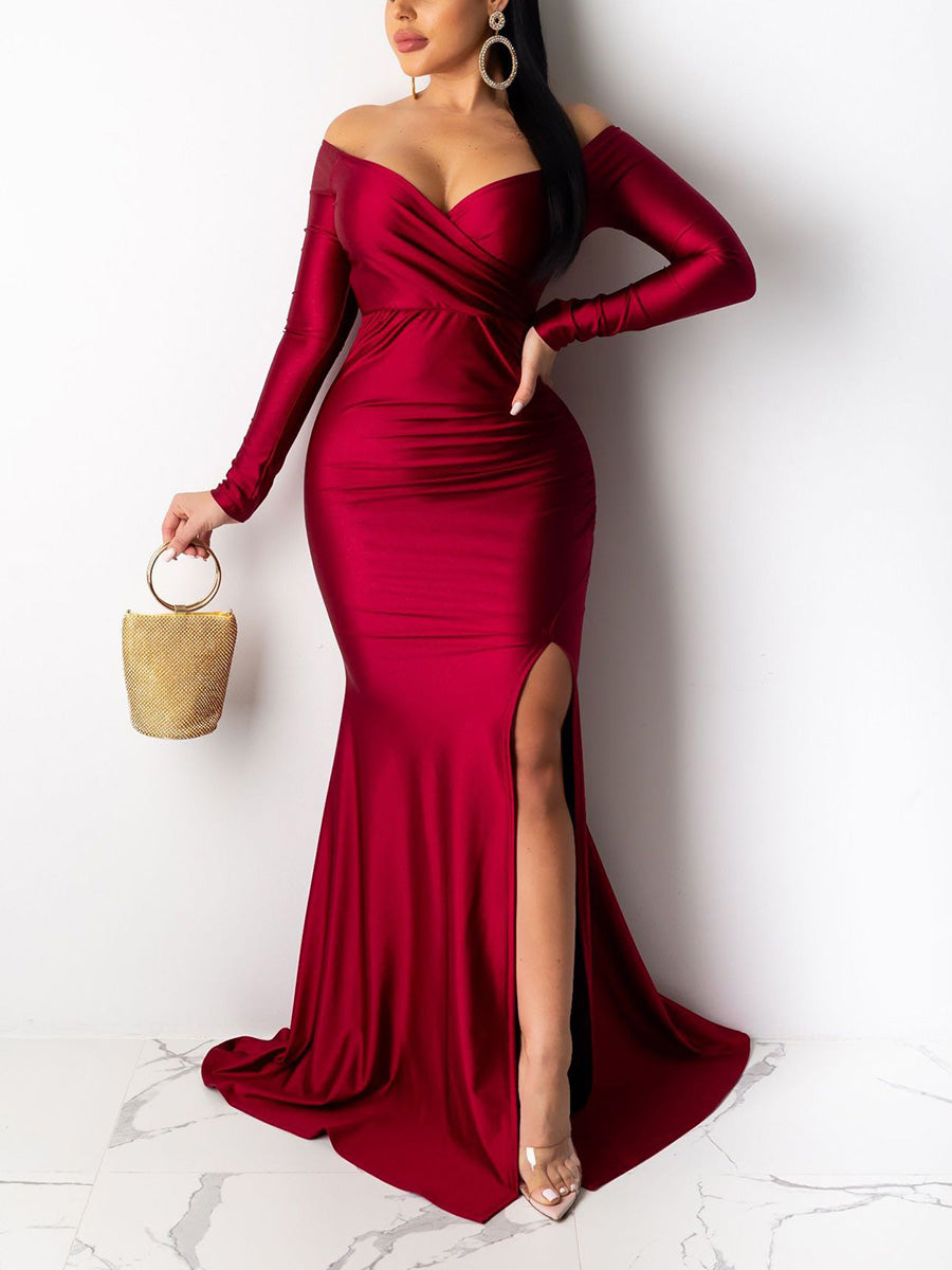 Off Shoulder Ruched Slit Evening Dress