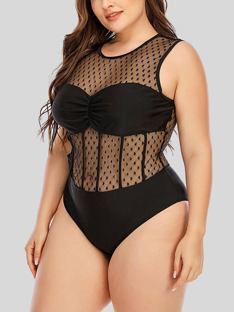See-through Patchwork Black One-piece Swimsuit