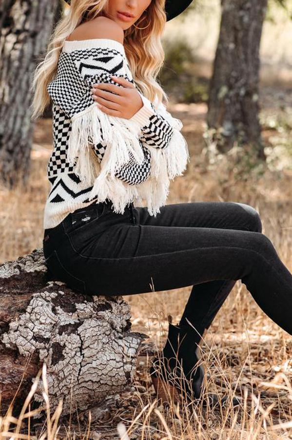 Fringed V-neck Sweater