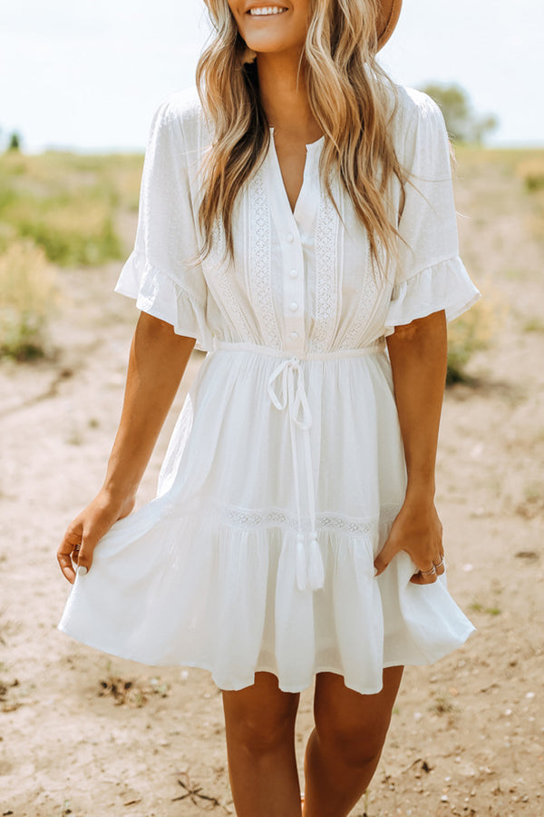 Solid Color Lace Waist Tie Ruffle Panel Mini Dress