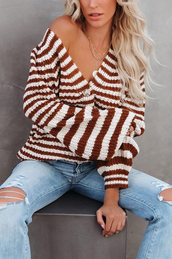 Striped Balloon Sleeve Button Cardigan