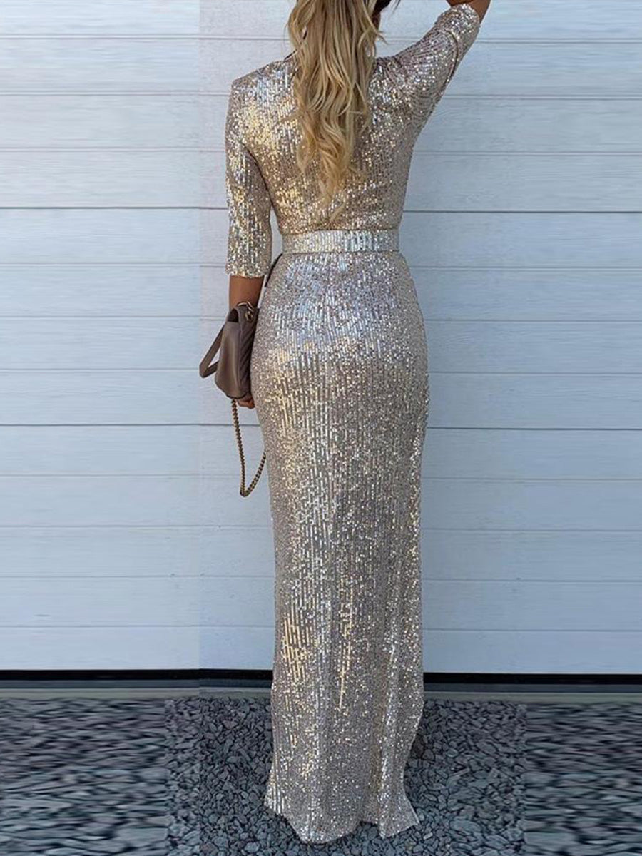 Sequins Half Sleeve Maxi Slit Dress