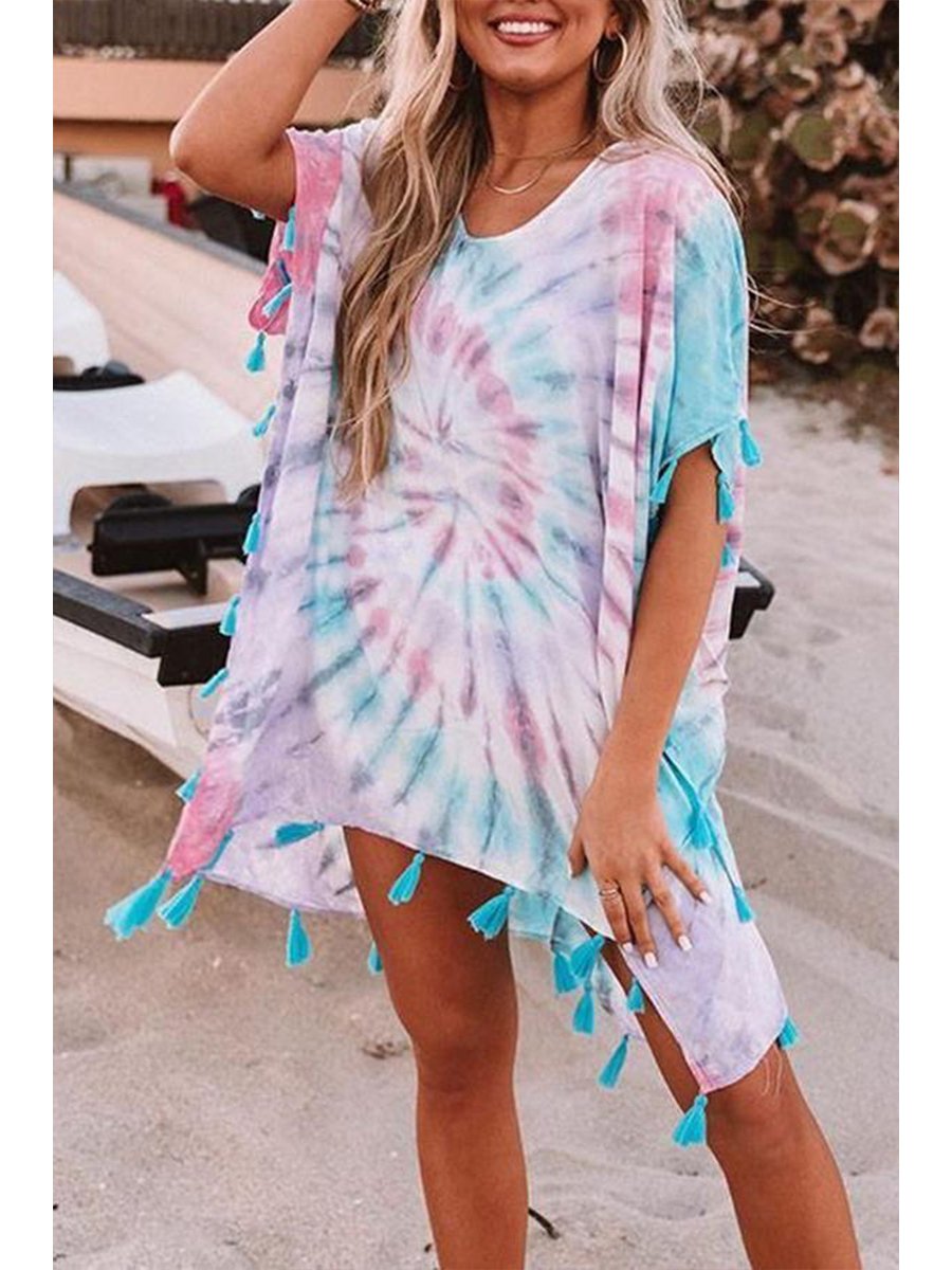 Stylish Irregular Tie Dye Tassels Dress