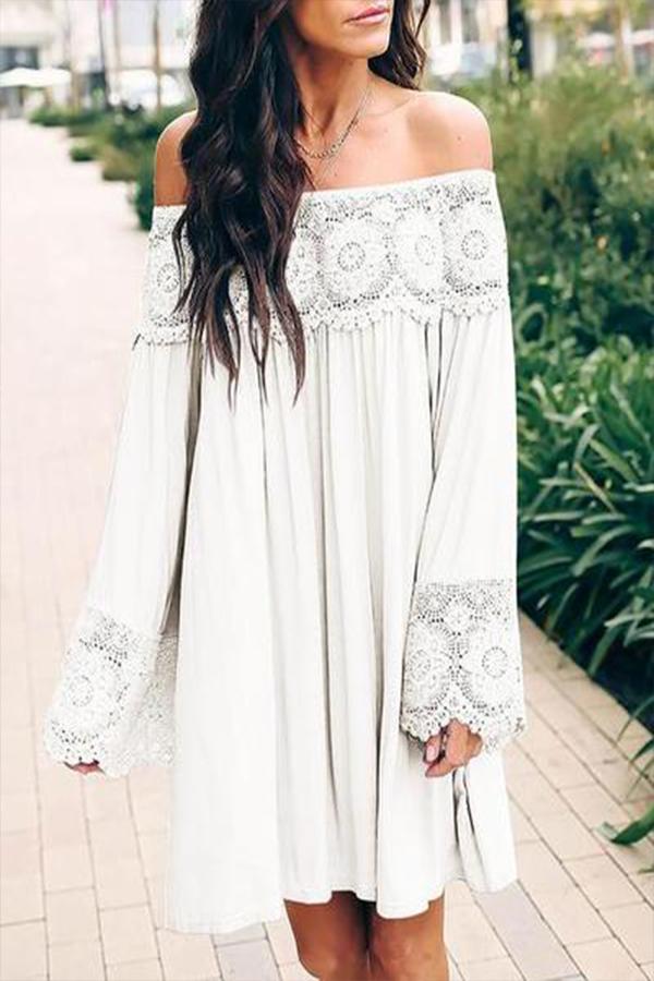 Off-Shoulder Lace Stitching Flared Sleeve Mini Dress