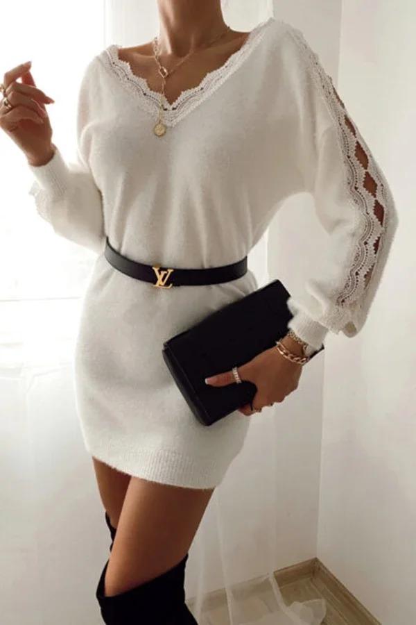 White Elegant Sweater Dress With Lace Shoulders