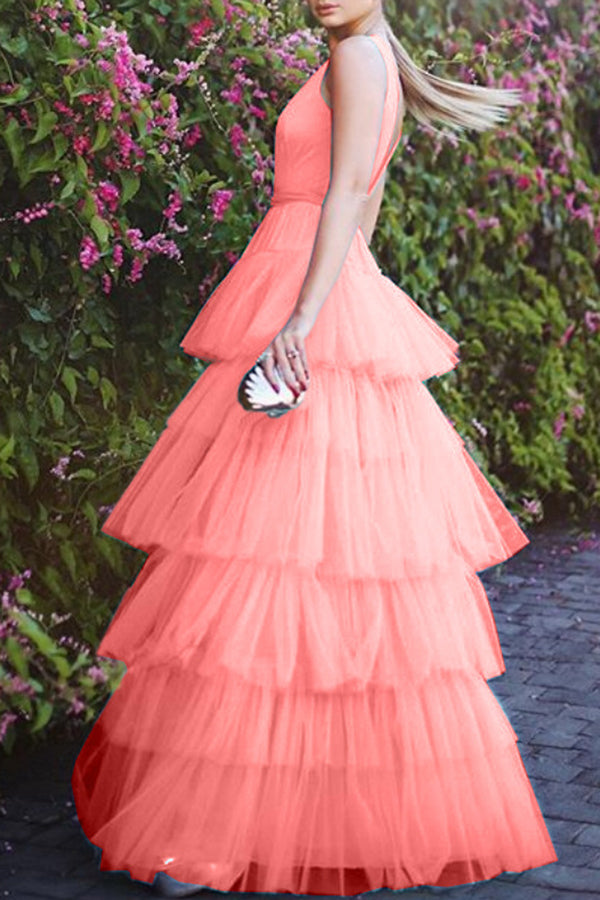 Mesh Cake Sling Sleeveless Maxi Dress