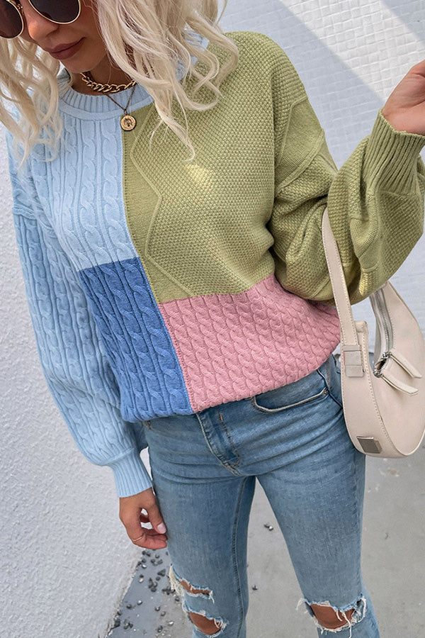 Square Stitching Contrast Color Twist Lantern Sleeve Sweater