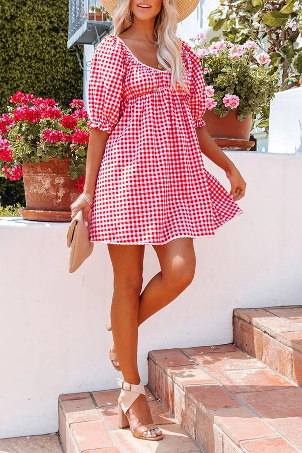 Check Print Lace Panel Backless Mini Dress