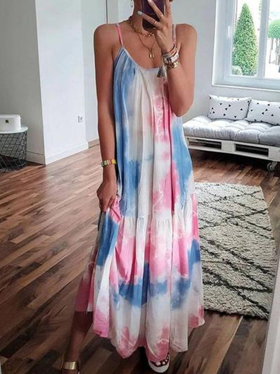 Sphagetti U-neck Tie-dye Print Maxi Dress