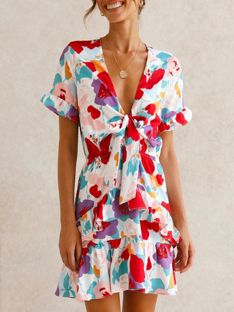 V-neck Short Sleeve Knot Front Ruffle Mini Dress