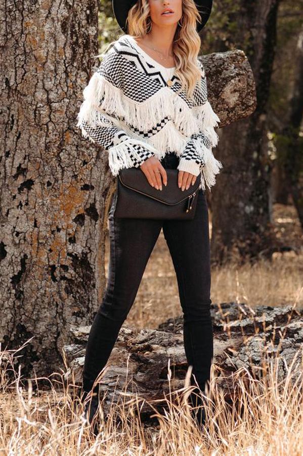 Fringed V-neck Sweater