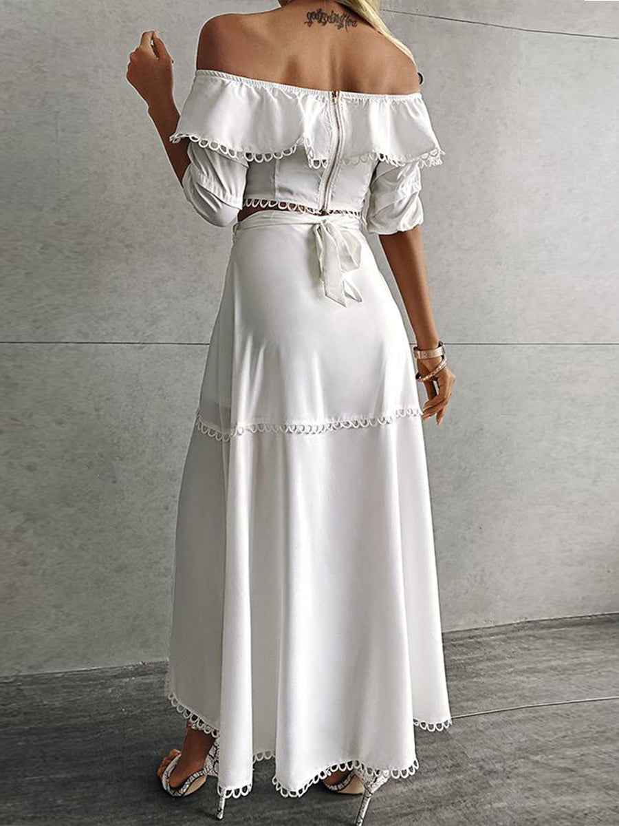 Off Shoulder Scallop Trim Top Dress Suit