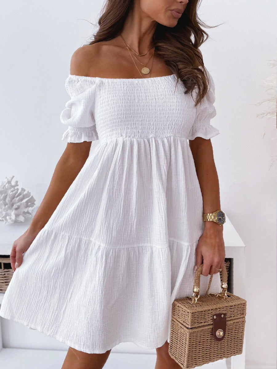 Solid Off-Shoulder Pleated Mini Dress
