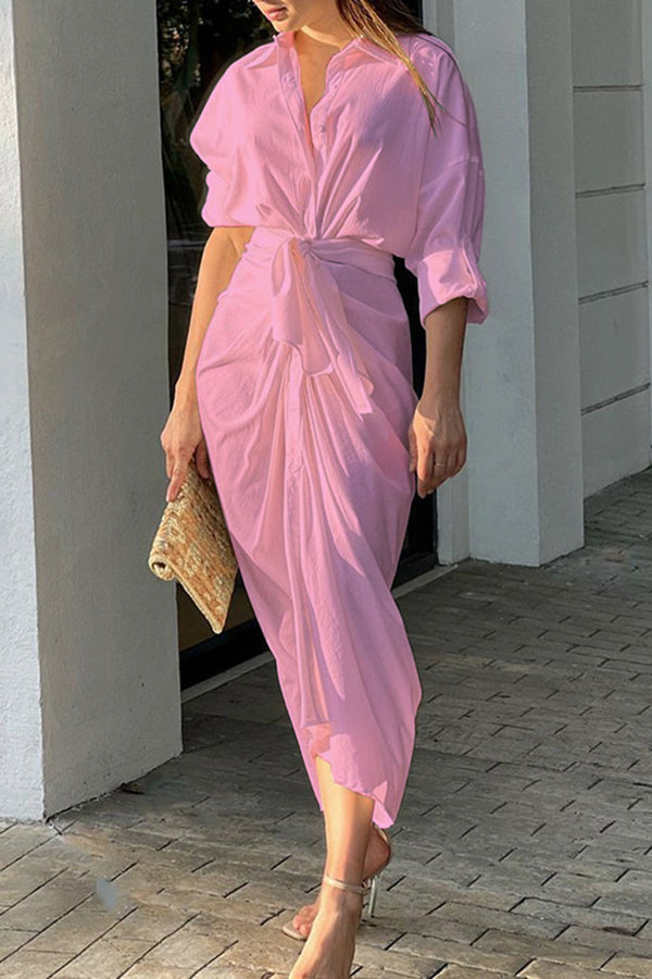 Solid Color Sexy Pleated Cardigan Shirt Dress