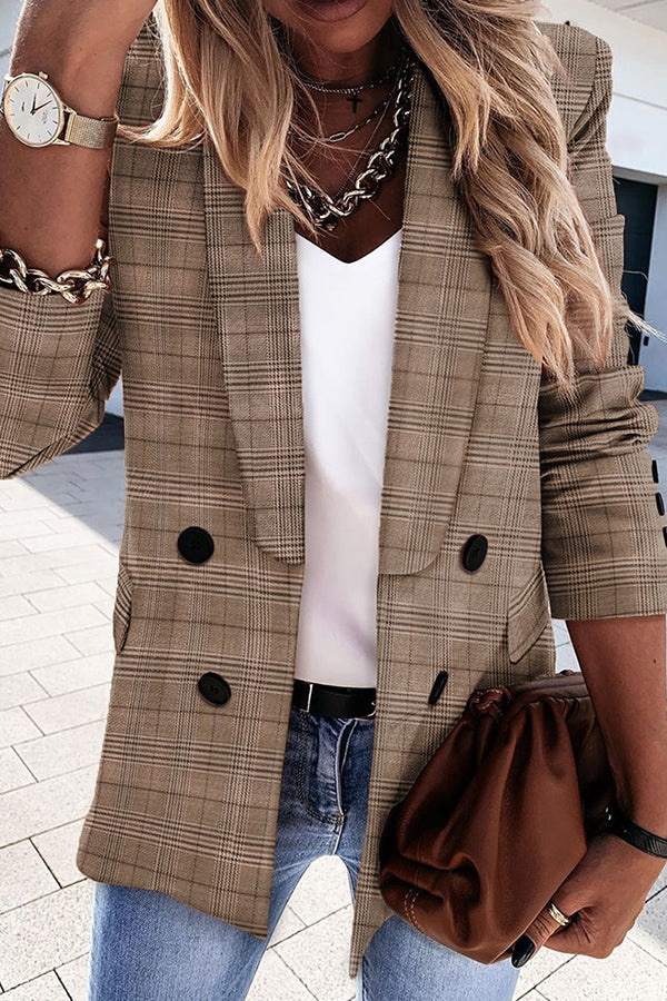 Houndstooth Double Breasted Long Sleeve Blazer Coat