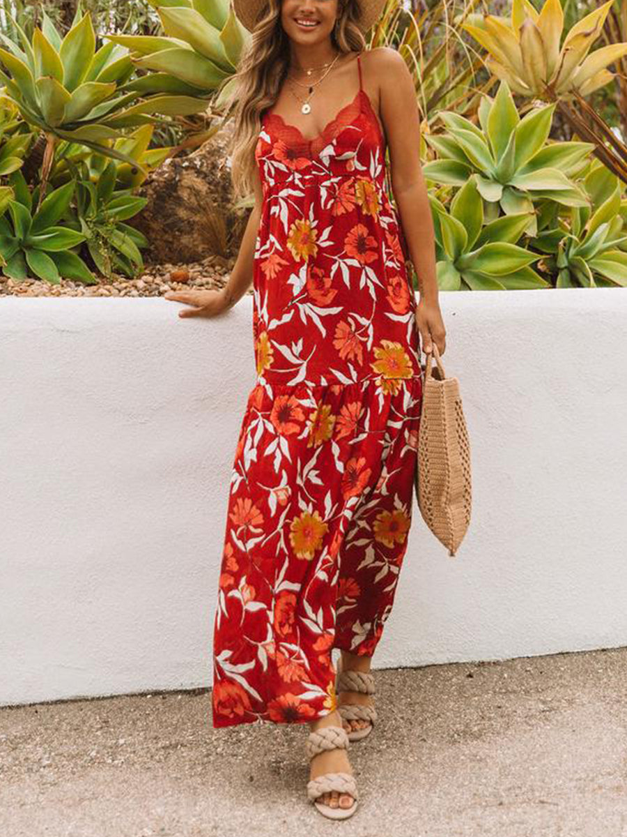 Lace Stitching Sling Print Dress