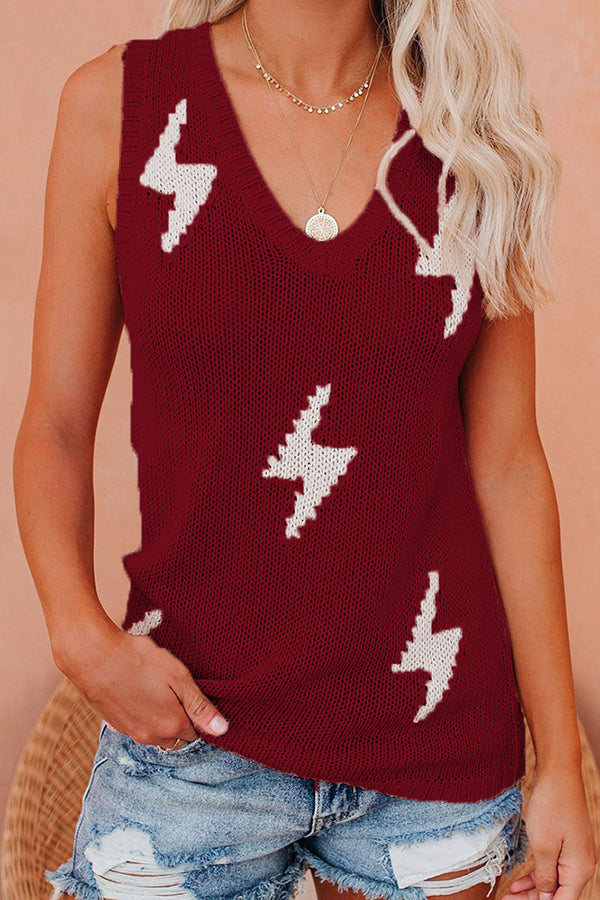 V-neck Lightning Print Vest Knit Sleeveless Top