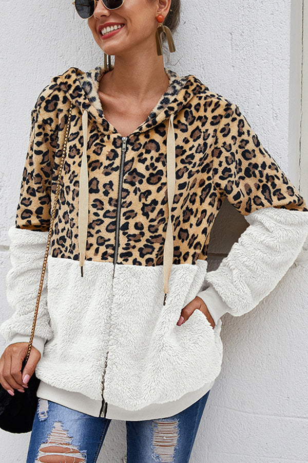 Leopard Patchwork Hooded Plush Coat