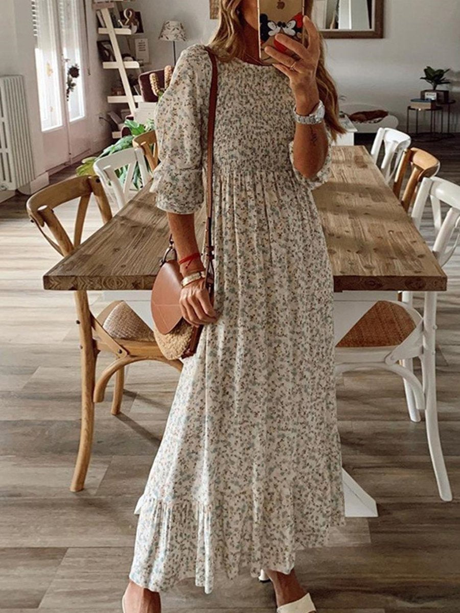 Round-neck Smocked Print Half-sleeved Maxi Dress