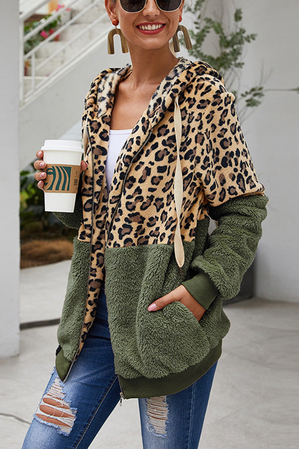 Leopard Patchwork Hooded Plush Coat