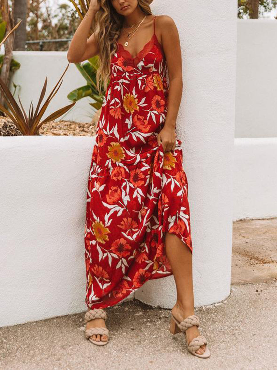 Lace Stitching Sling Print Dress