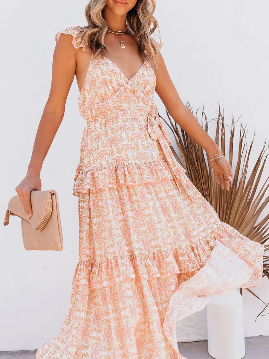 V-neck Print Cutout Back Ruffle Calf-length Dress