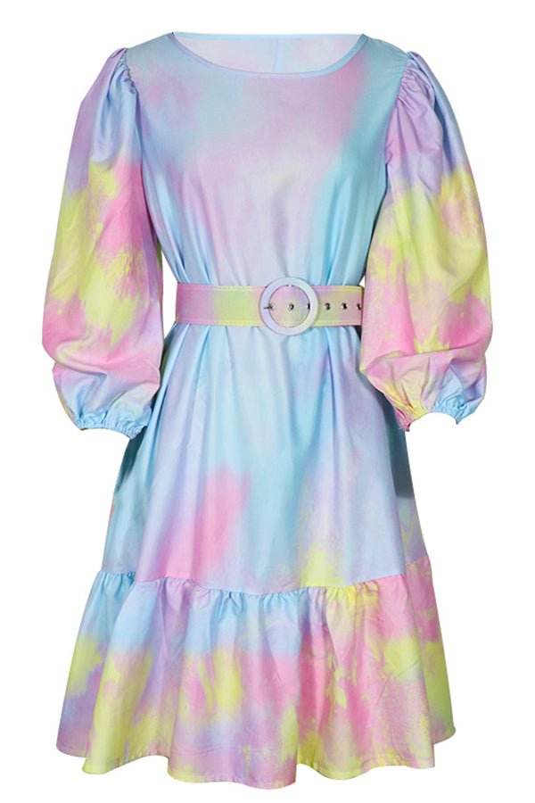 Tie-Dye Resort Ruffled Nipped Waist Mini Dress