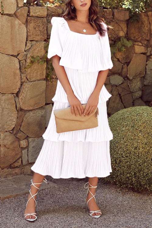Square Collar Short Sleeve Ruched Ruffle Layered Dress