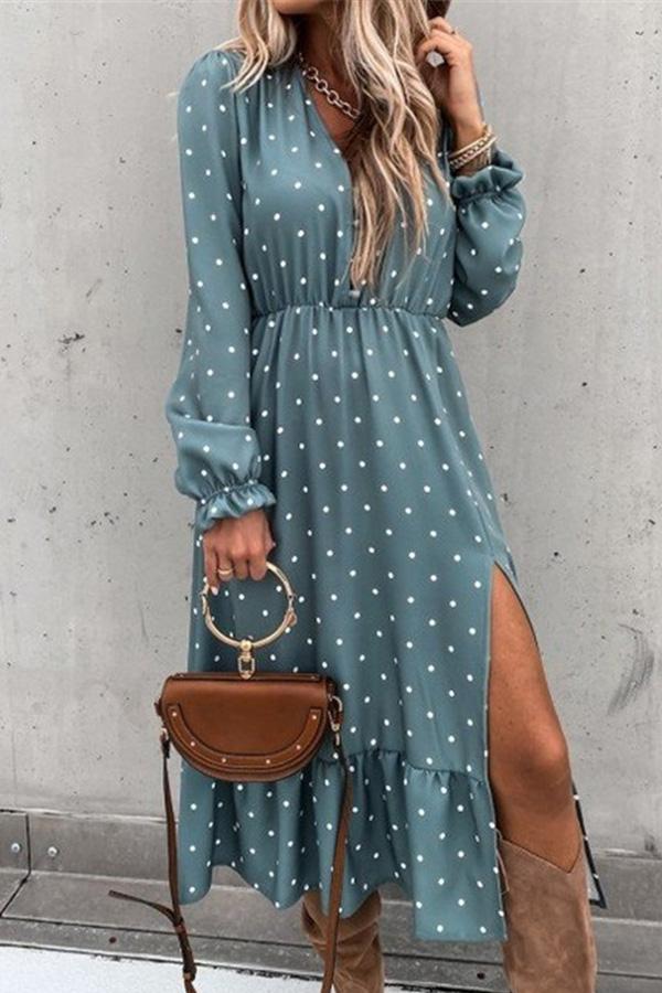 V-Neck Long Sleeve Polka Dot Slit Calf-Length Dress