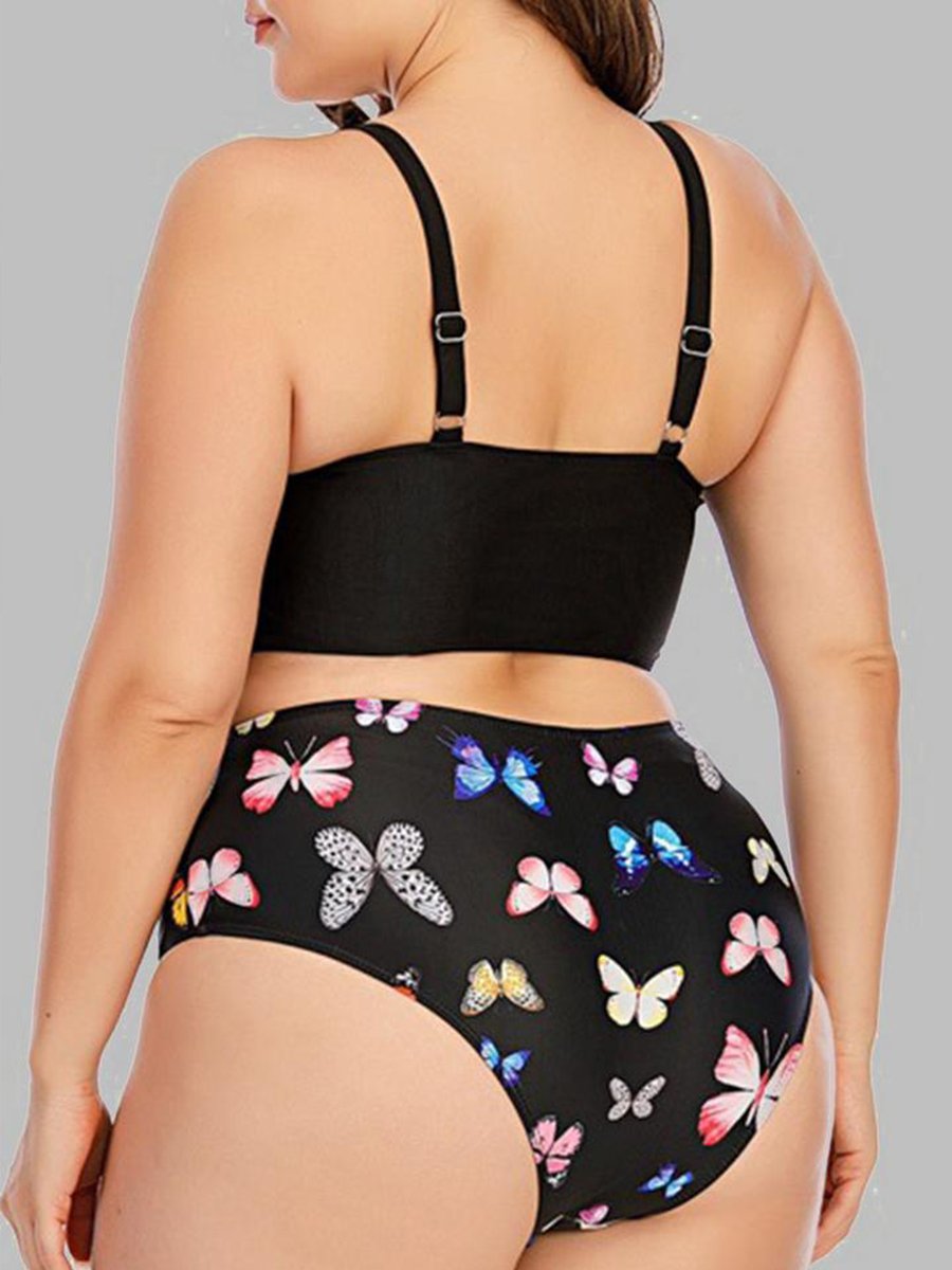Butterfly Print Ruched Knot Design Black Two-piece Swimsuit