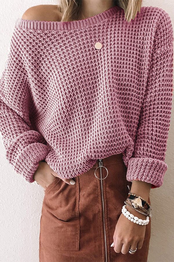 Solid Oblique Collar Eyelet Knit Sweater