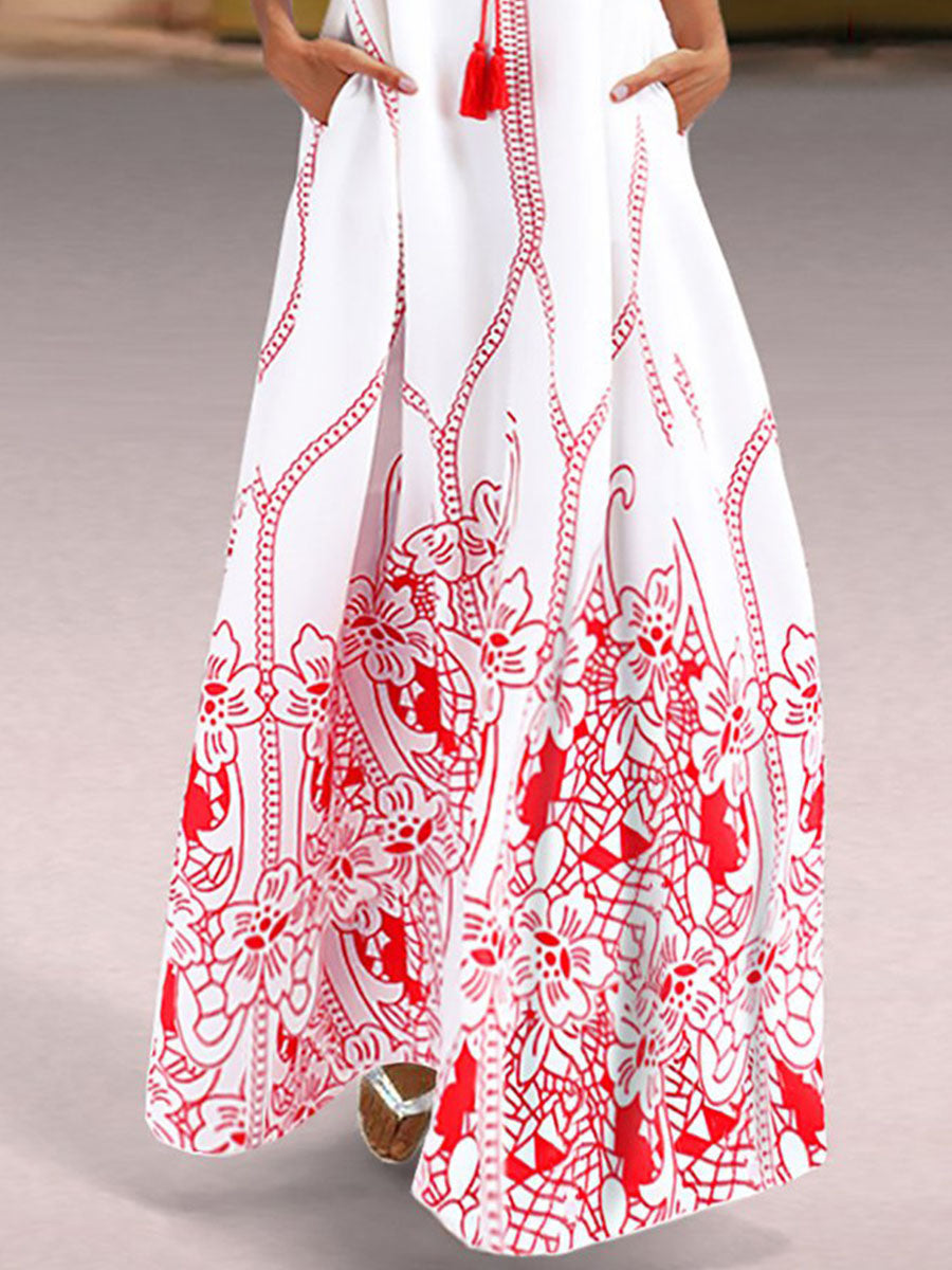 V Neck Red Beach Floral-Print Boho Maxi Dress
