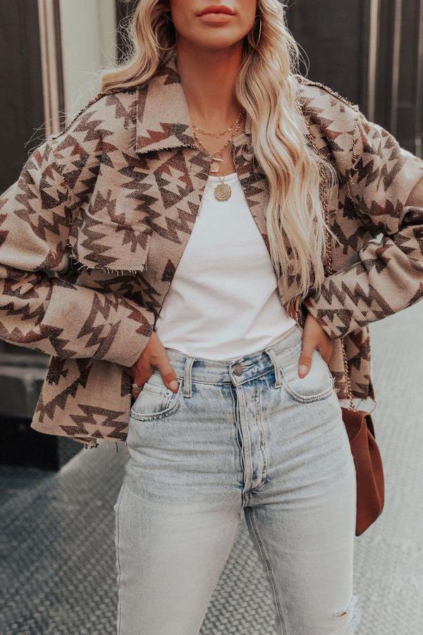 Loose Printed Brown Short Woolen Coat