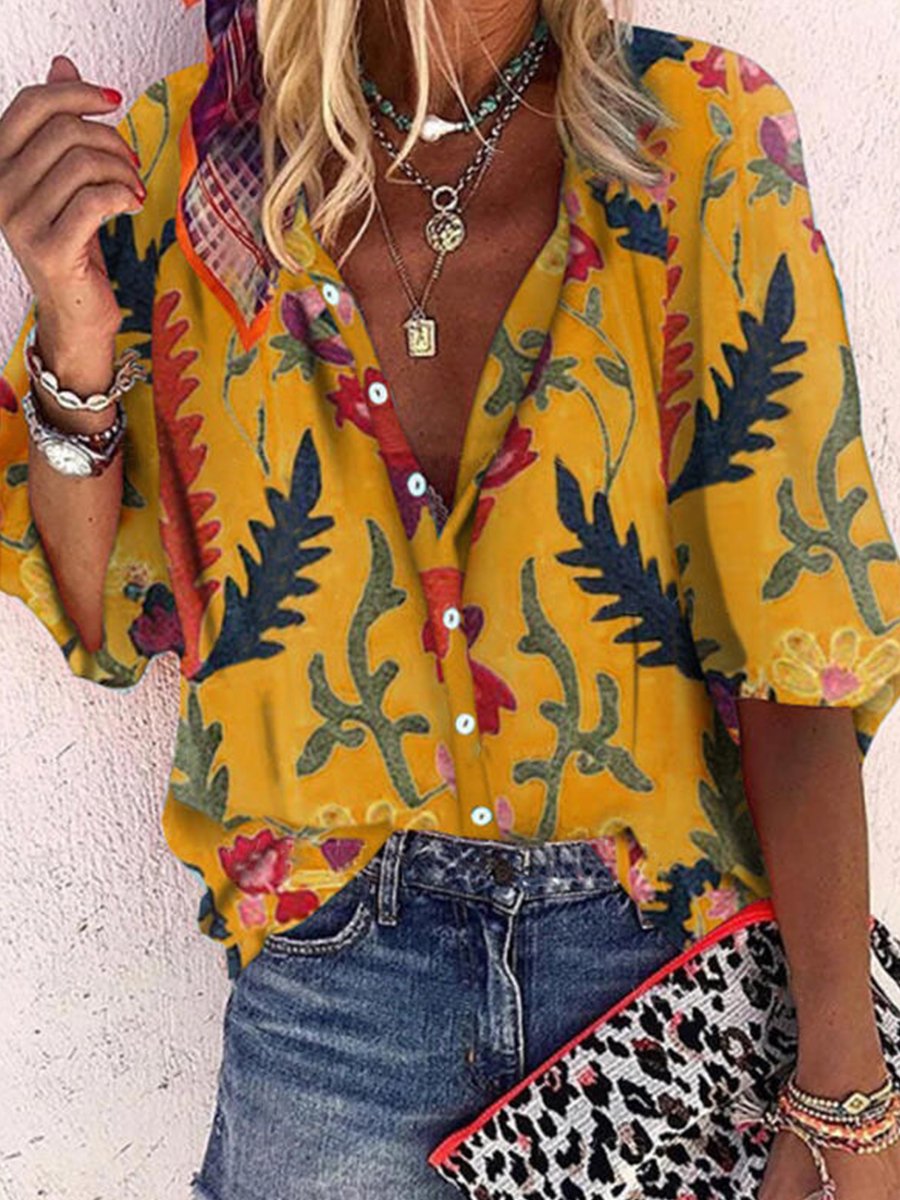 Tropical Print Loose-Fit V-Neck Shirt
