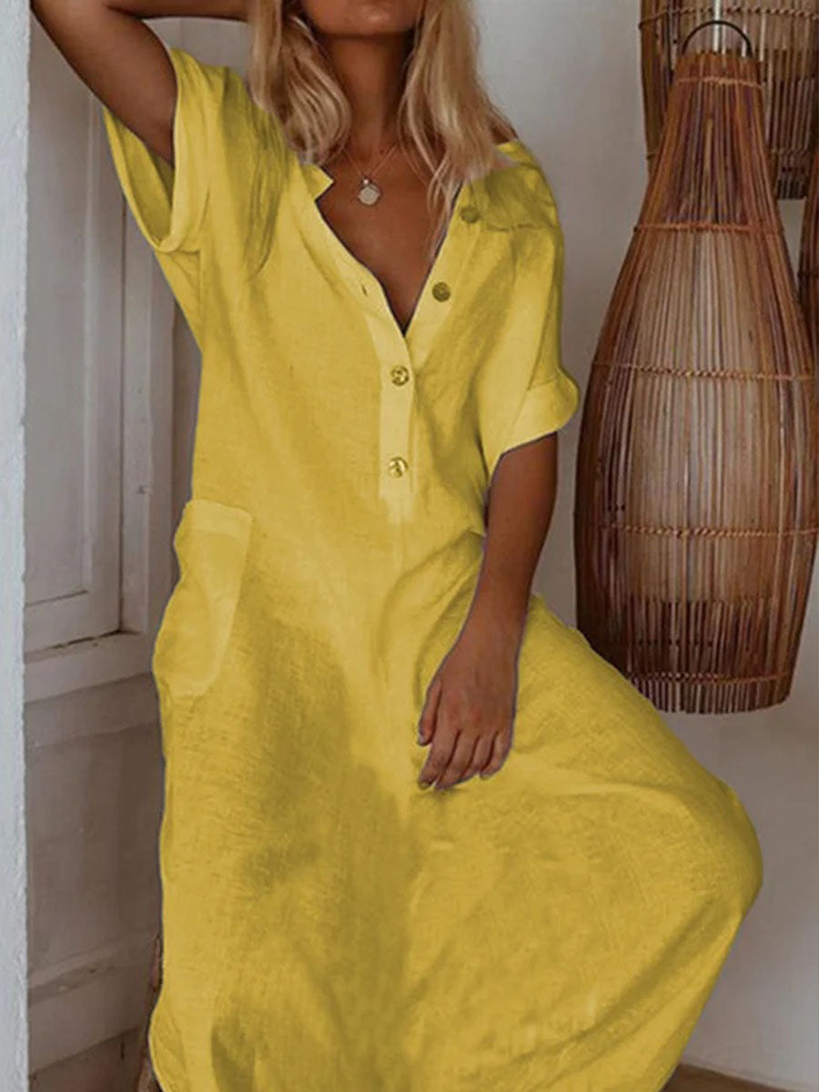 V Neck Linen Shift Daily Casual Short Sleeve Maxi Dress