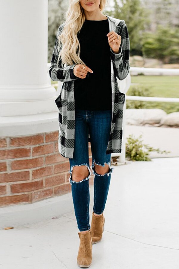 Hooded Plaid Long Sleeve Button Down Pocket Coat
