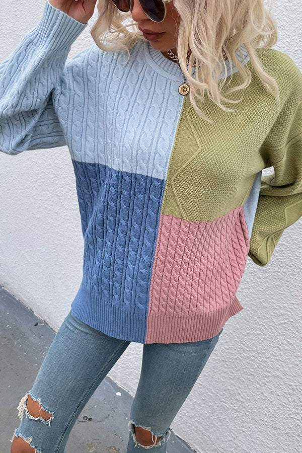 Square Stitching Contrast Color Twist Lantern Sleeve Sweater