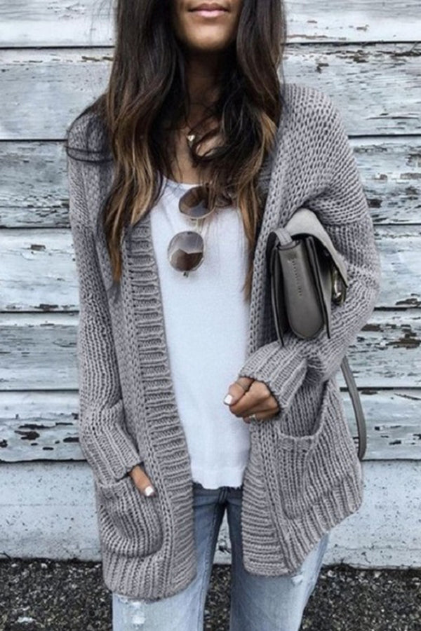 Comfy Plain Grey Long Sleeve Open Front Cardigan
