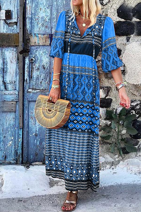 Fashion V-Neck Half-Sleeve Bohemian Print Maxi Dress