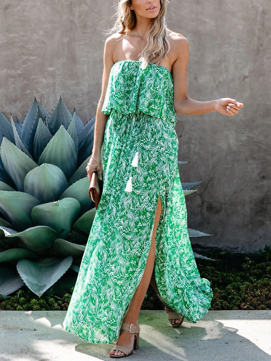 Leaves Printing Off-the-shoulder Falbala Split Maxi Dress