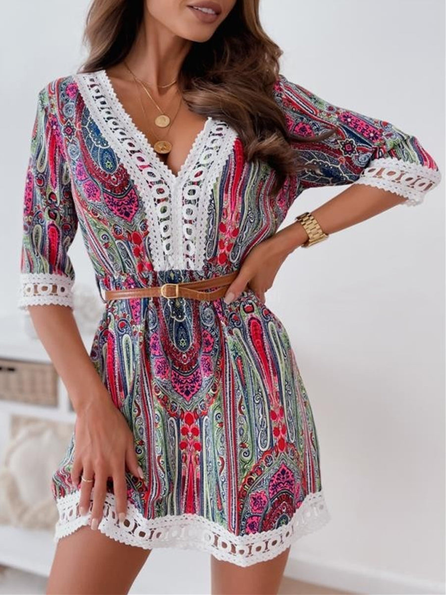 V-neck Print Lace Stiching Mini Dress