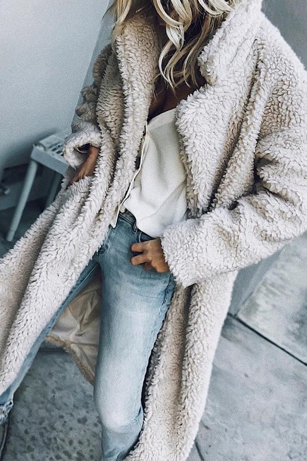 Fluffy Long Sleeve Solid Color Outerwear