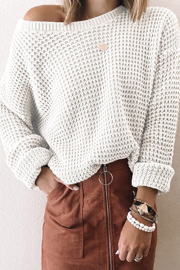 Solid Oblique Collar Eyelet Knit Sweater