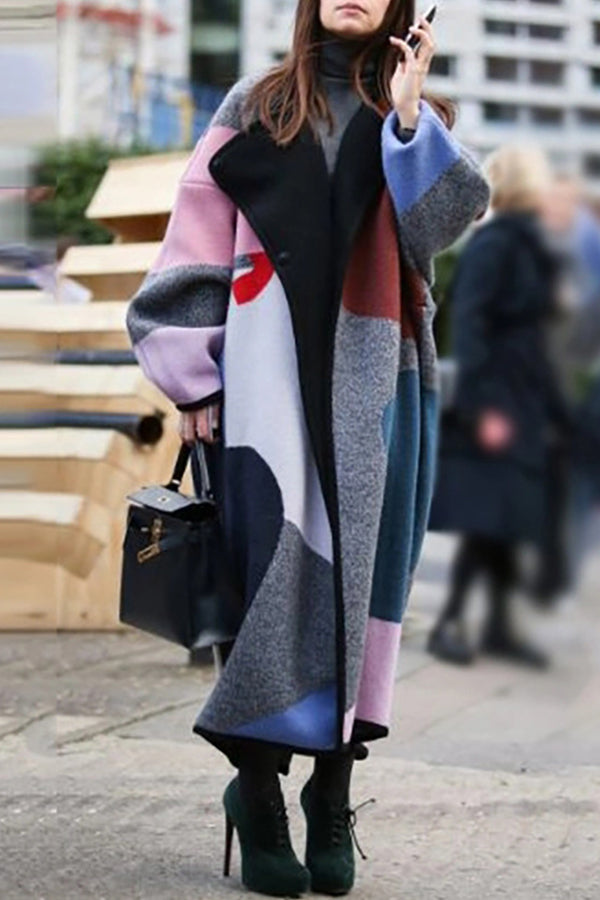 Casual Color Block Lapel Midi Outerwear