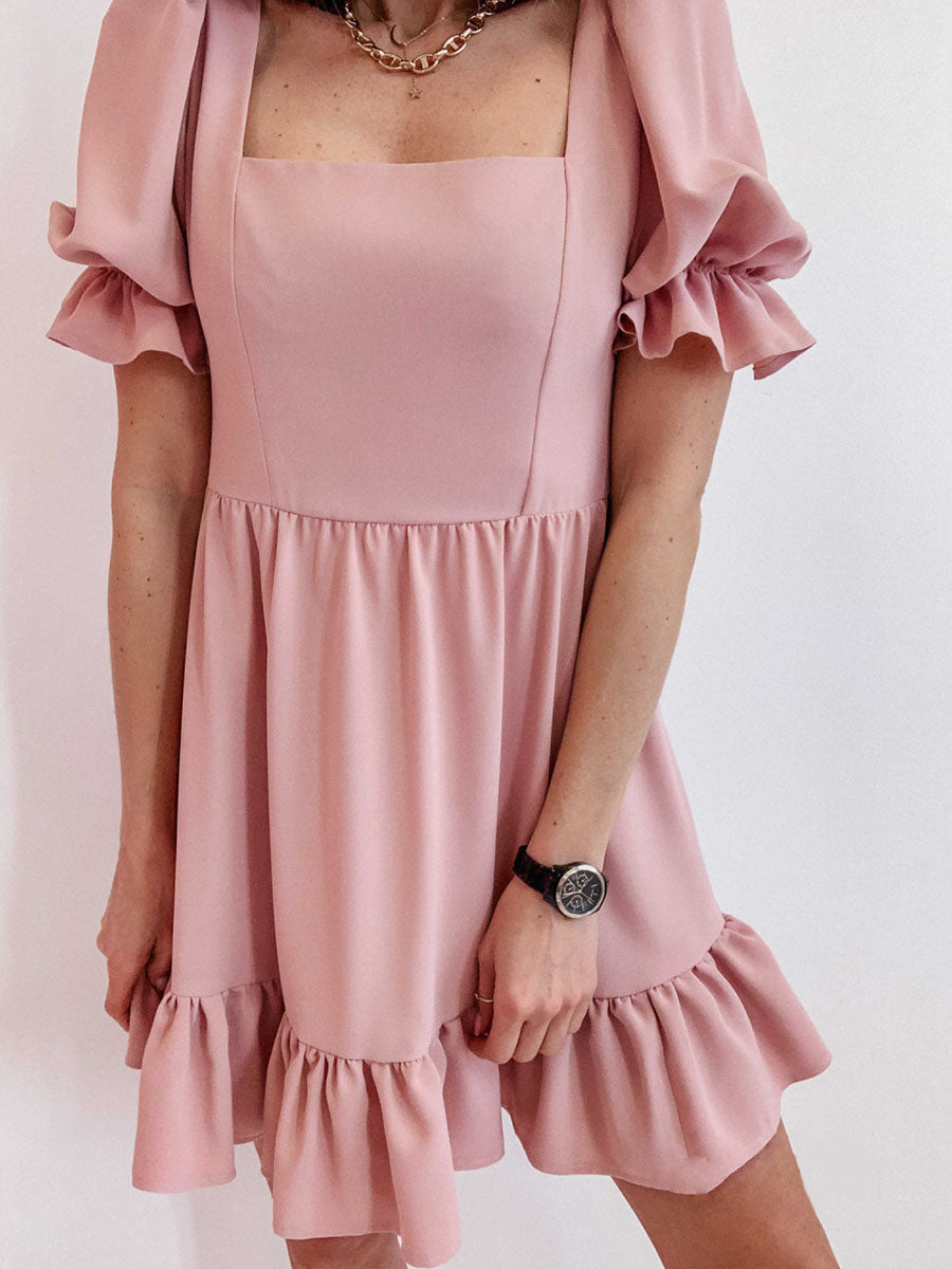 Solid Square Neck High Waist Mini Dress